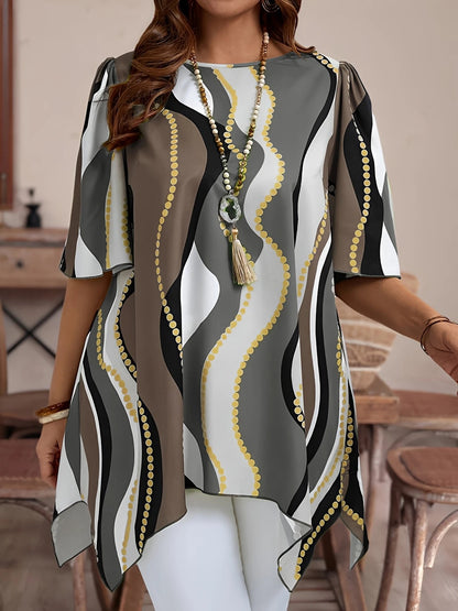 Plus Size Boho Abstract Print Half-Sleeve Tunic Top