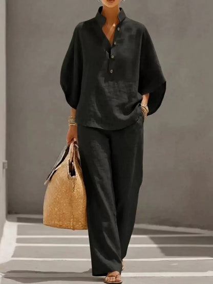 Women's Stand Collar Two-Piece Linen Blend Set