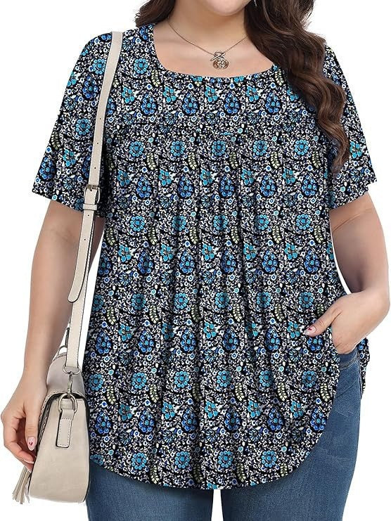 Women's Plus Size Floral Square Neck Pleated Tunic
