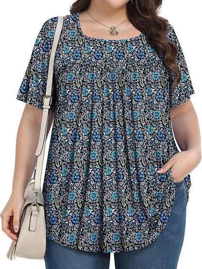 Women's Plus Size Floral Square Neck Pleated Tunic