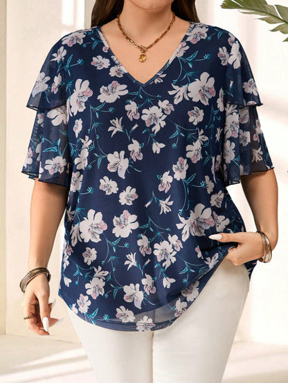 Women's Plus Size Floral V-Neck Tunic