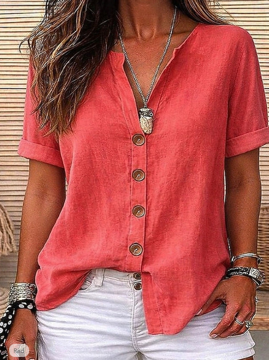 Breathable Cotton Linen V-Neck Top