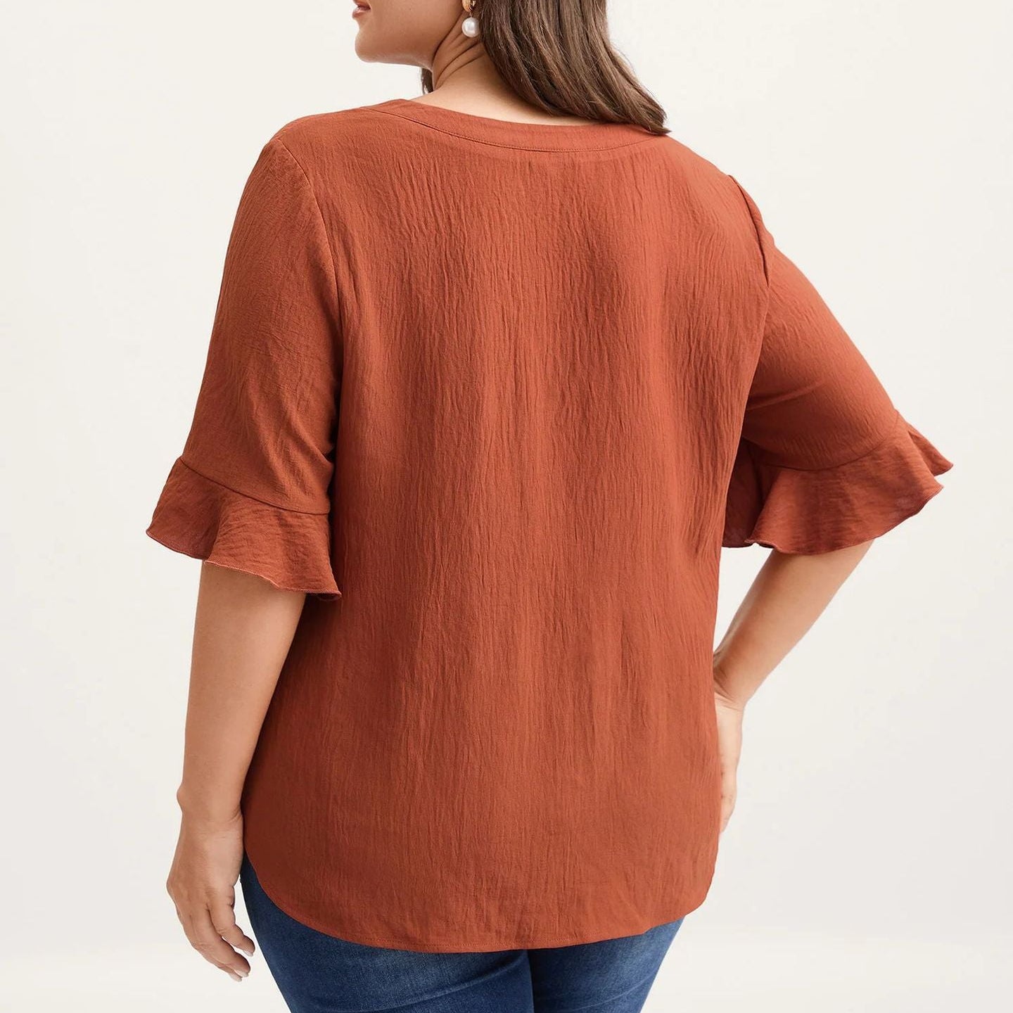 Plus Size Cotton Linen Ruffle V-Neck Summer Blouse