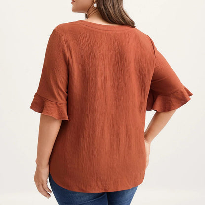 Plus Size Cotton Linen Ruffle V-Neck Summer Blouse
