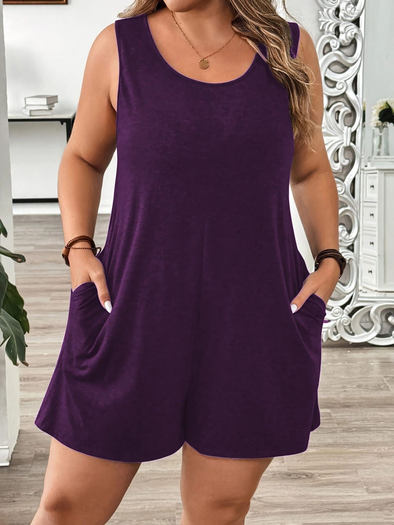 Plus Size Loose Sleeveless Romper with Pockets