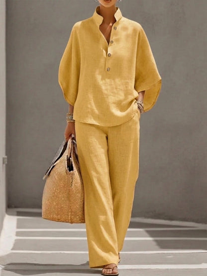 Women's Stand Collar Two-Piece Linen Blend Set