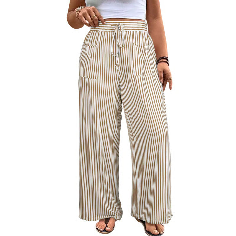 Women's Plus Size Vertical Striped High Waist Drawstring Wide Leg Pants