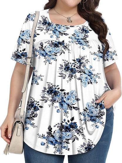 Women's Plus Size Floral Square Neck Pleated Tunic