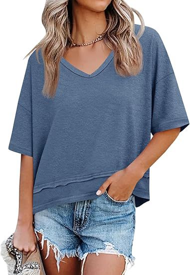 Women's Cotton V-Neck Spliced Layered Hem Summer Top