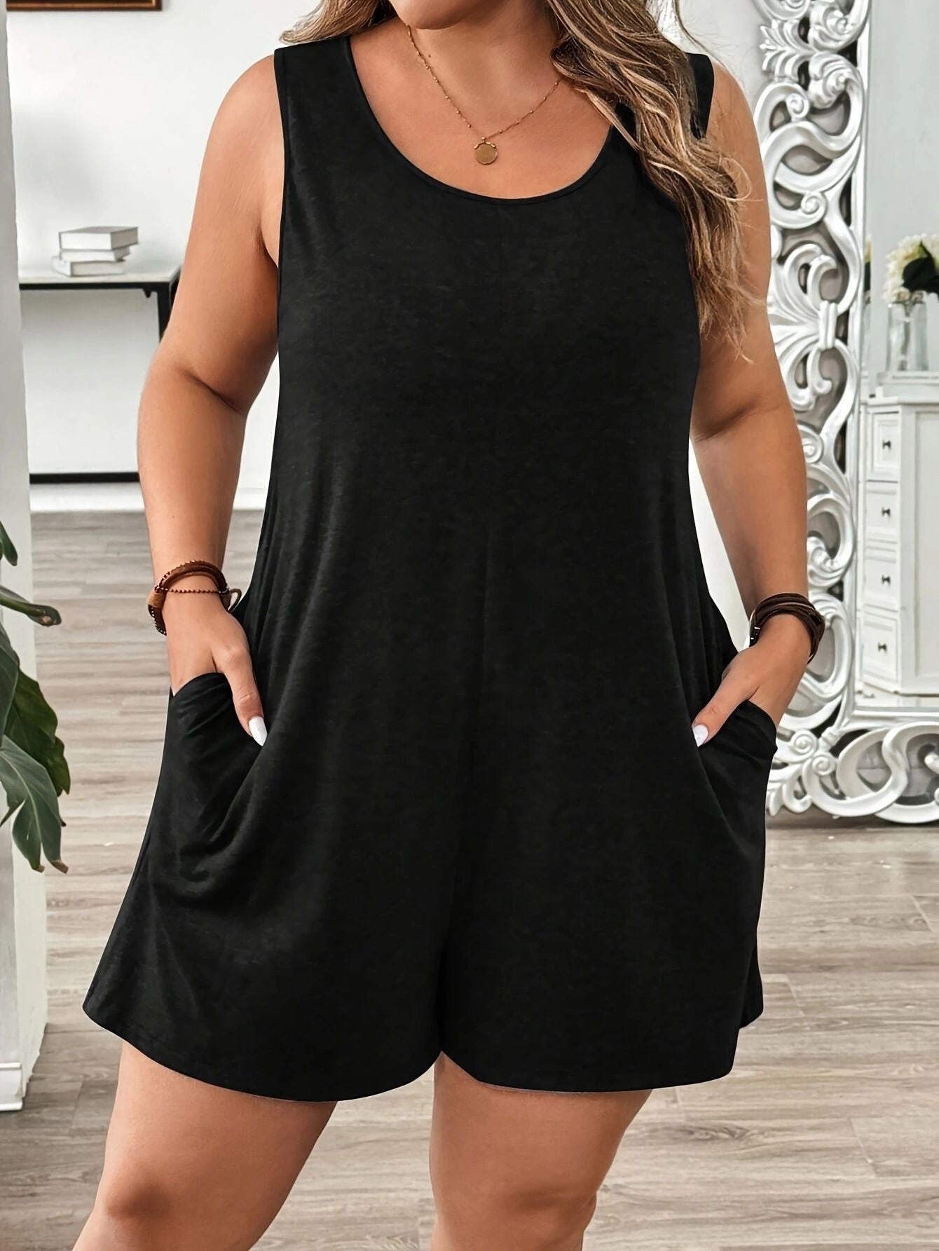 Plus Size Loose Sleeveless Romper with Pockets