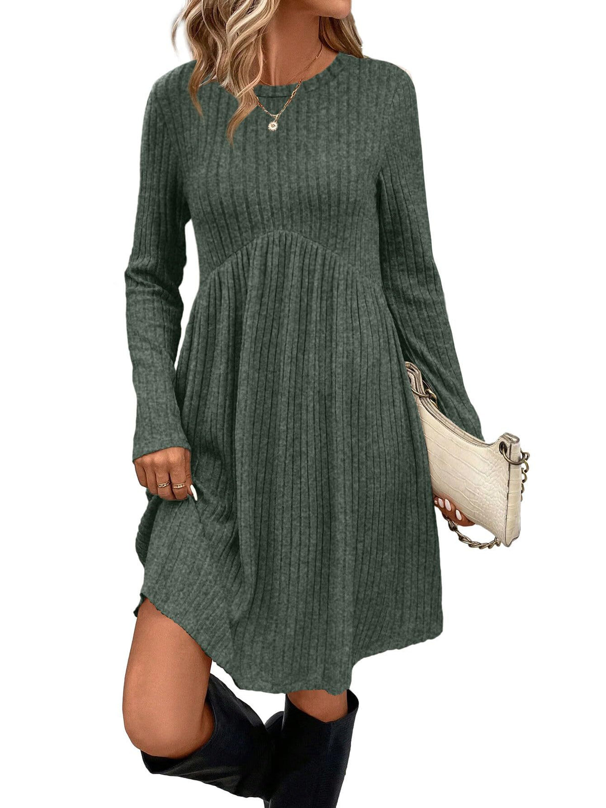 Women's Long Sleeve Ribbed A-Line Dress with Pockets