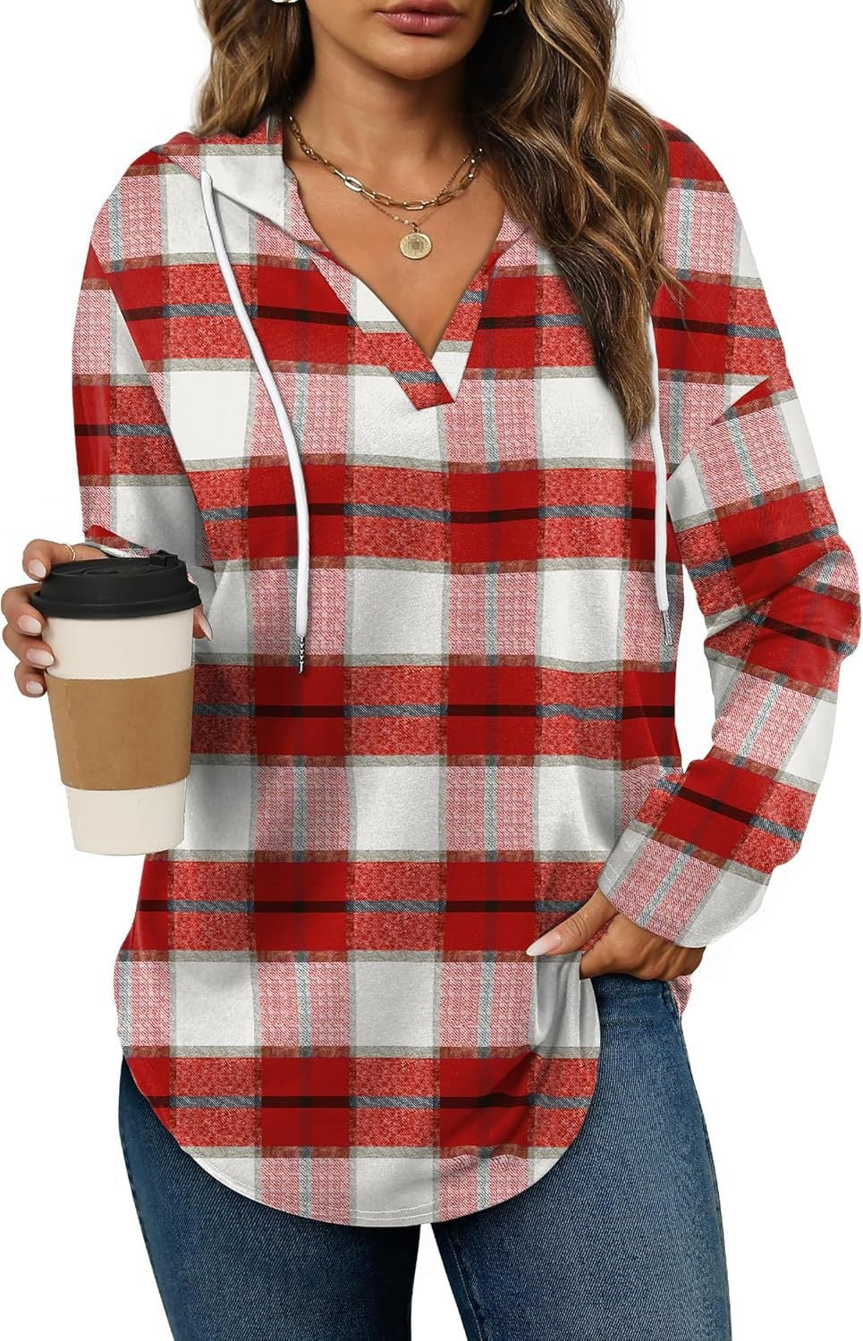 Women's Plaid V-Neck Long Sleeve Hooded Top