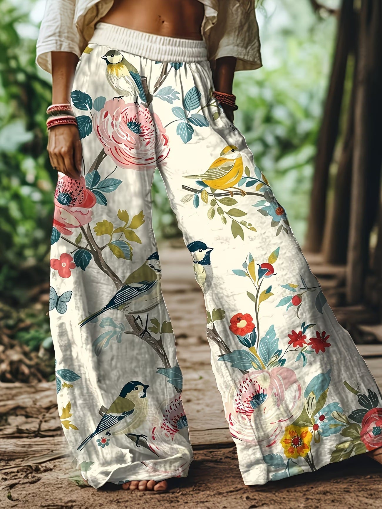 🌸 Women's Boho Floral &amp; Bird Print Wide-Leg Pants