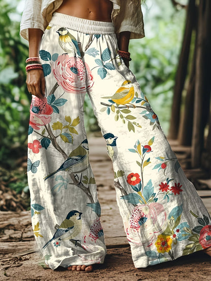 🌸 Women's Boho Floral &amp; Bird Print Wide-Leg Pants