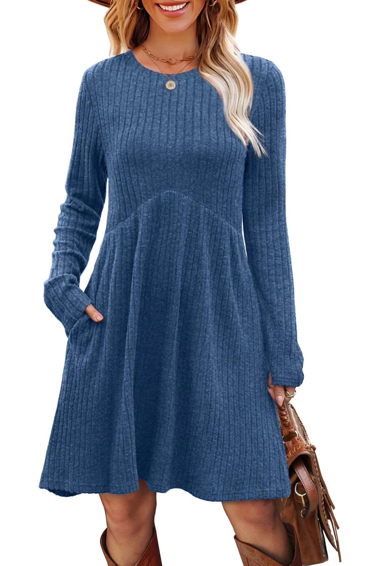 Women's Long Sleeve Ribbed A-Line Dress with Pockets