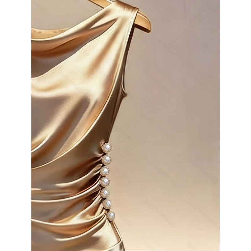 👗 Summer Knit Satin Halter Midi Dress