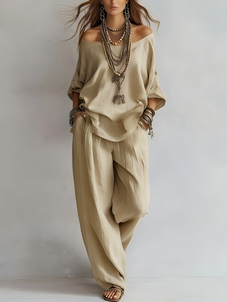 Boho Minimalist Off-Shoulder Matching Pants Set