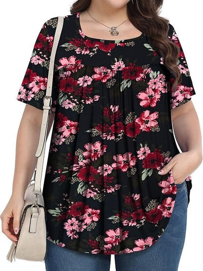 Women's Plus Size Floral Square Neck Pleated Tunic