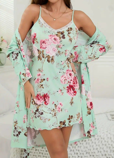 Floral Print Lace Trim Cami Slip Dress & Long Sleeve Robe Set