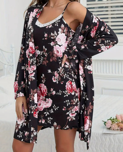 Floral Print Lace Trim Cami Slip Dress & Long Sleeve Robe Set
