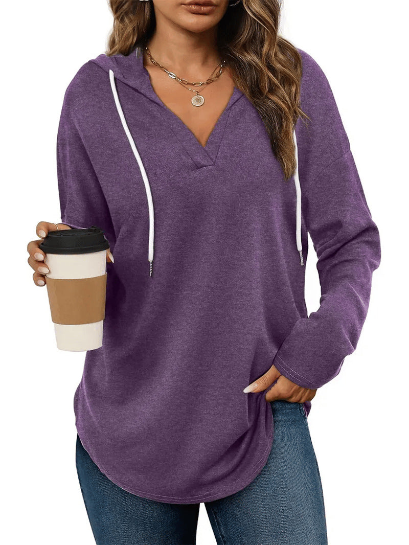 Women's Soft V-Neck Loose Drawstring Hoodie Long Sleeve Sweatshirt