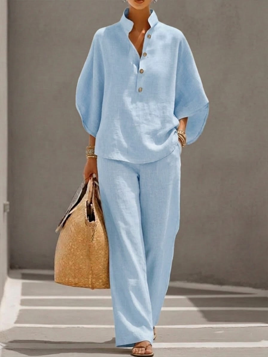 Women's Stand Collar Two-Piece Linen Blend Set