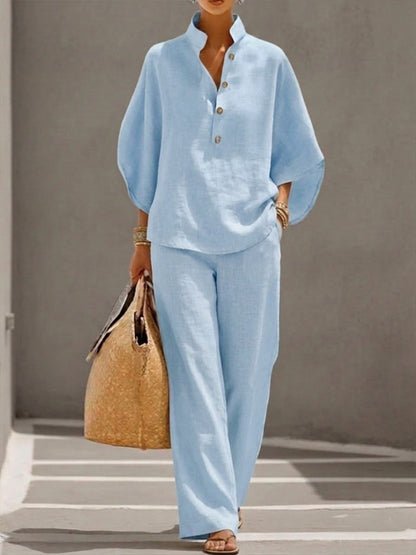 Women's Stand Collar Two-Piece Linen Blend Set