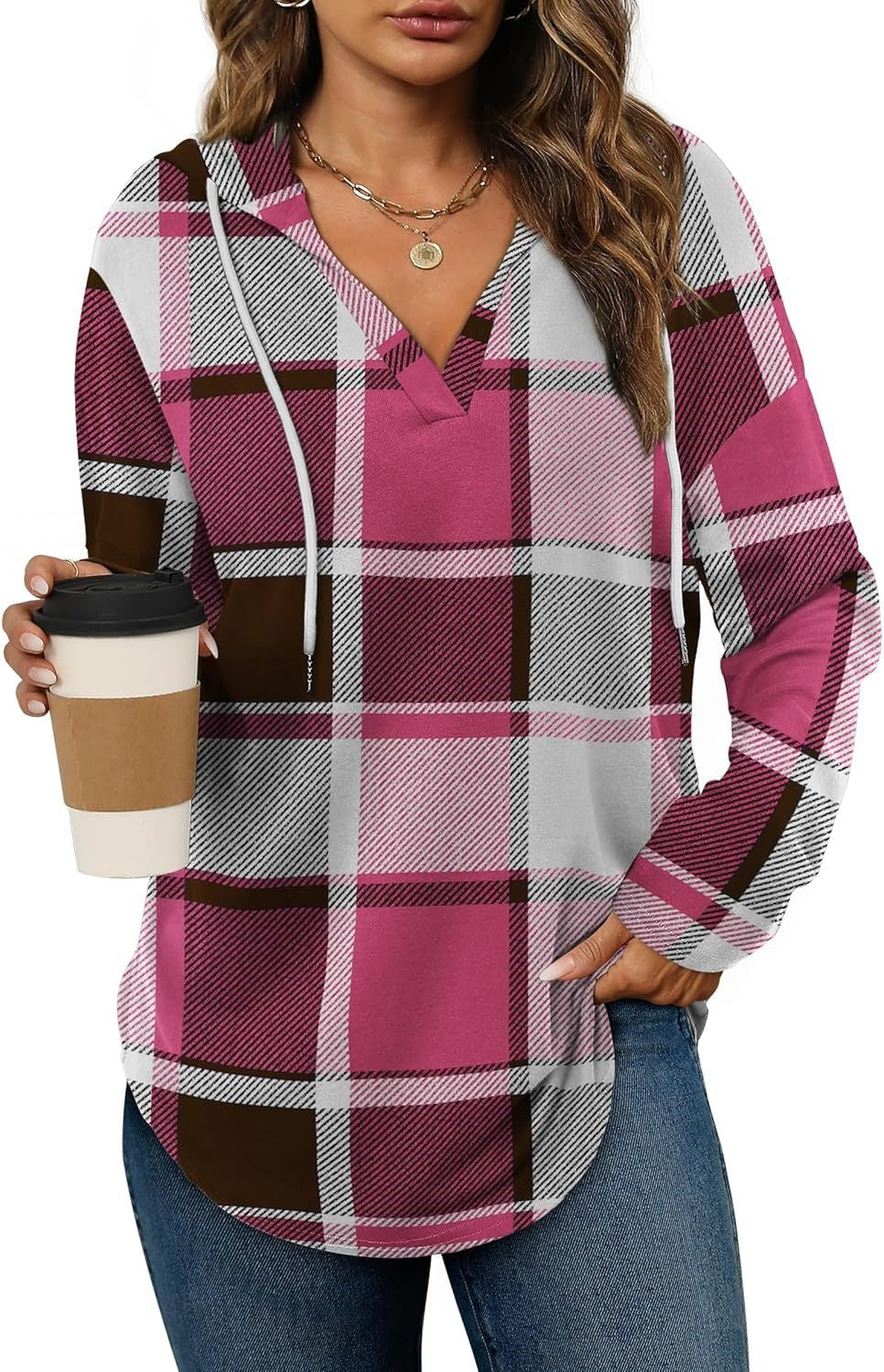 Women's Plaid V-Neck Long Sleeve Hooded Top
