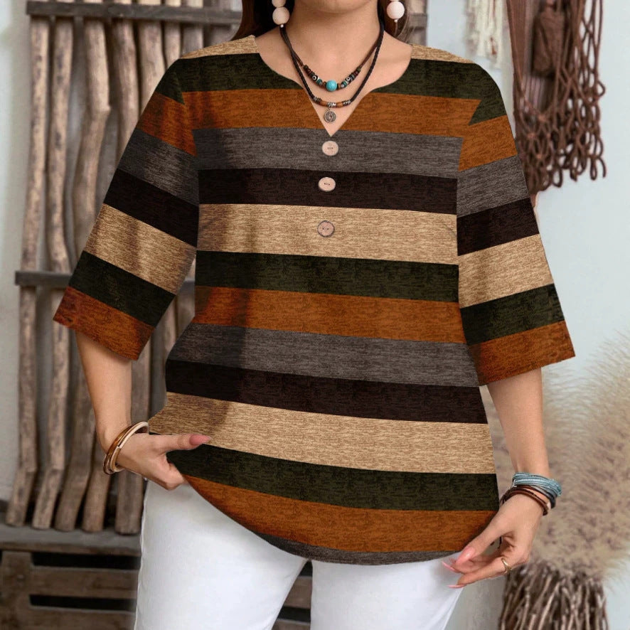✨ Plus Size Geometric Color-Block Buttoned V-Neck Blouse