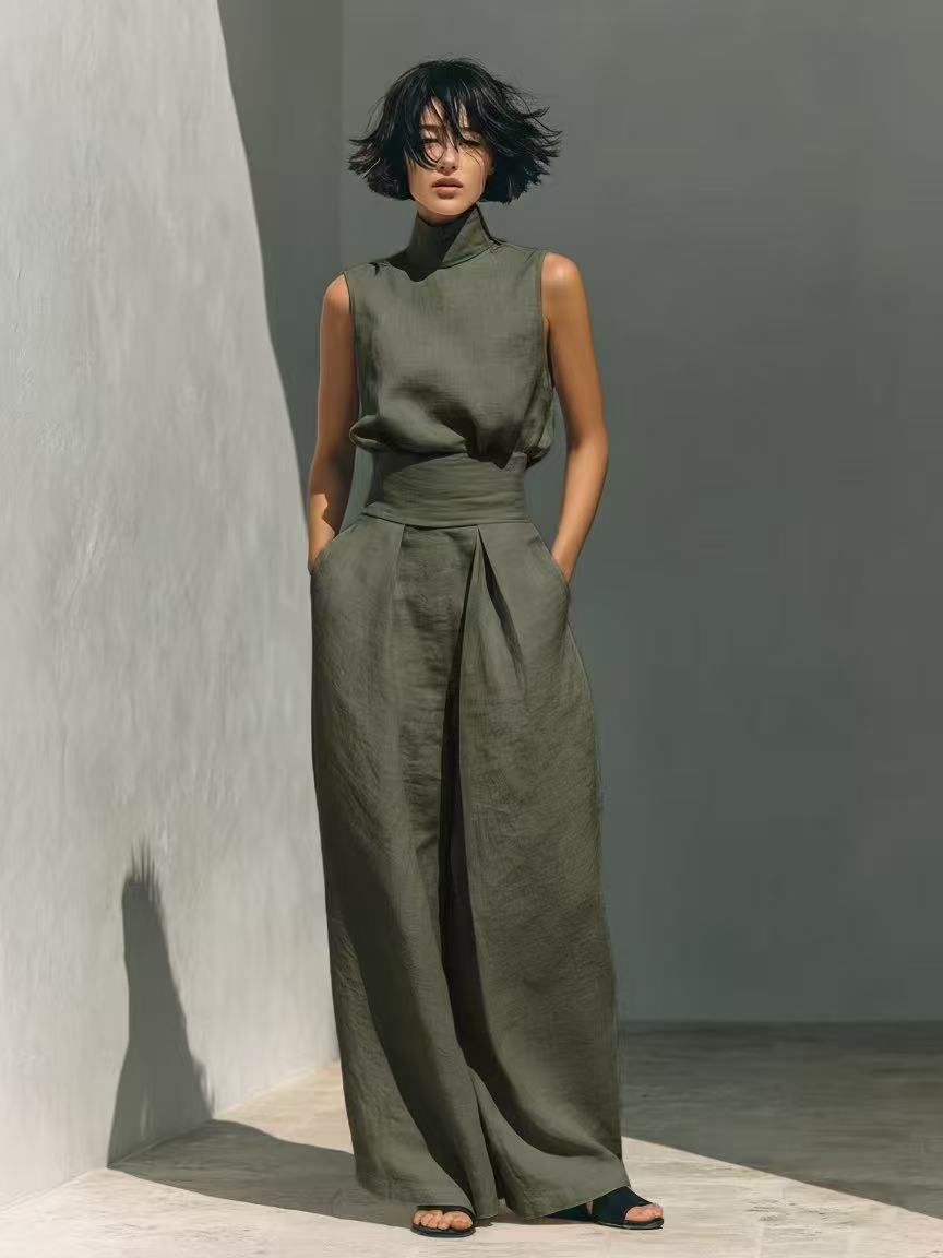 ✨Elegant High-Neck Two-Piece Wide-Leg Pants Set