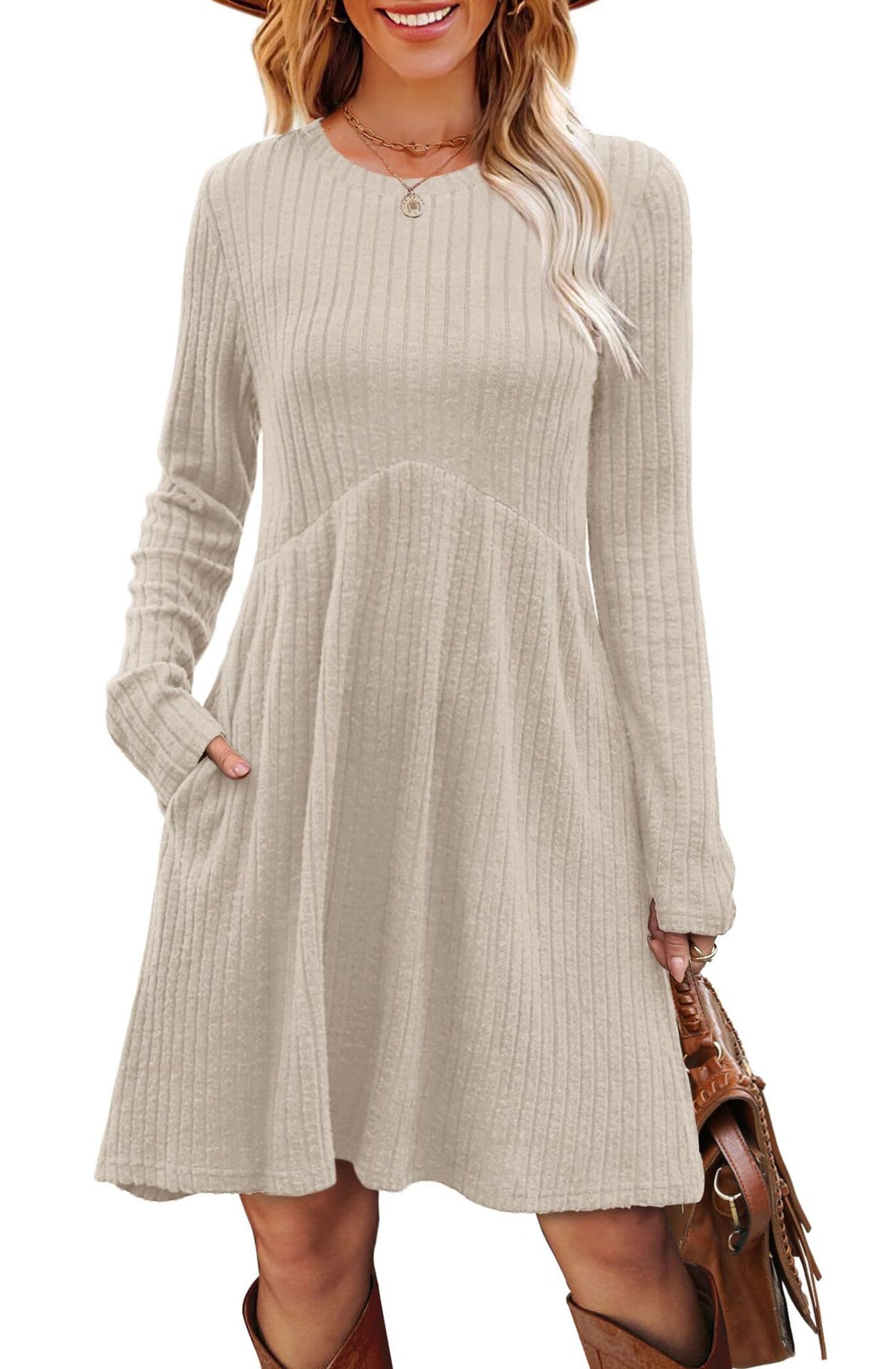 Women's Long Sleeve Ribbed A-Line Dress with Pockets