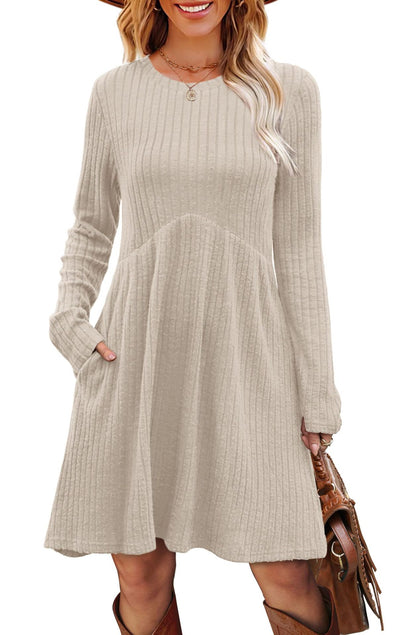 Women's Long Sleeve Ribbed A-Line Dress with Pockets