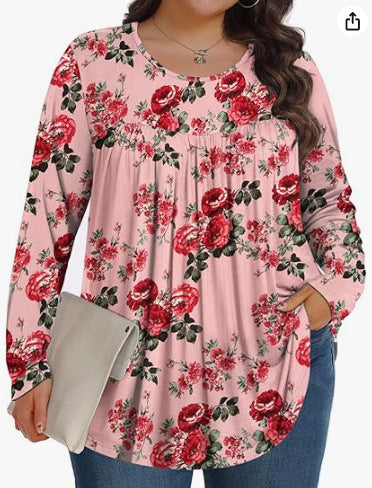 Plus Size Cotton Floral Long Sleeve Pleated Tunic Top