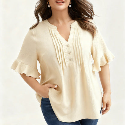 Plus Size Cotton Linen Ruffle V-Neck Summer Blouse