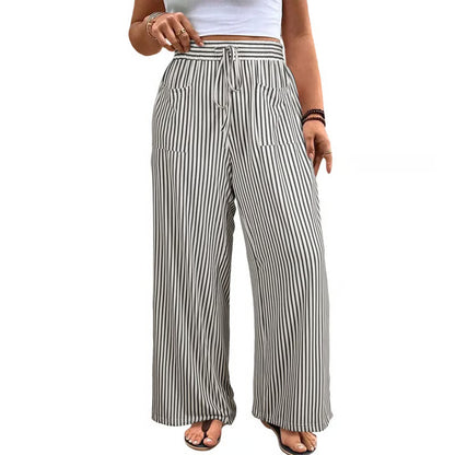 Women's Plus Size Vertical Striped High Waist Drawstring Wide Leg Pants