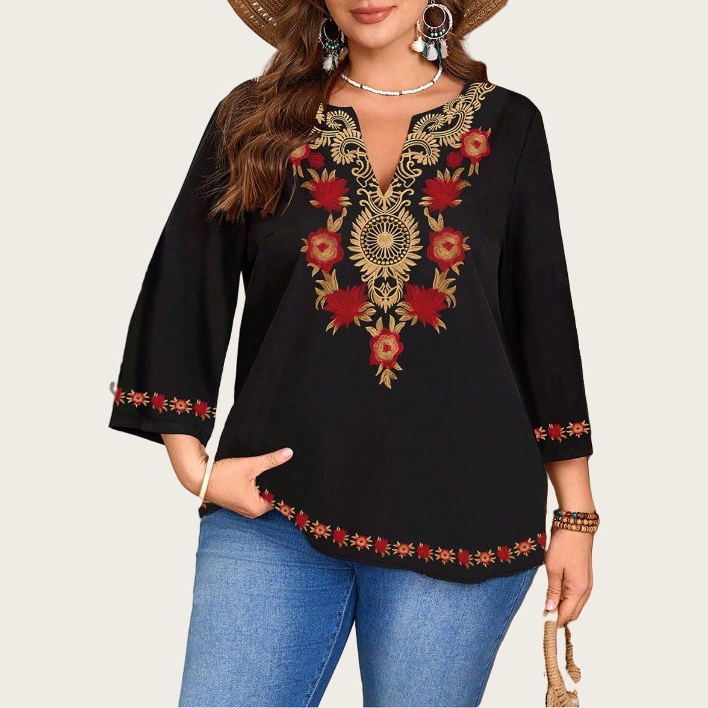 Elegant Plus Size Floral Print V-Neck Tunic Top