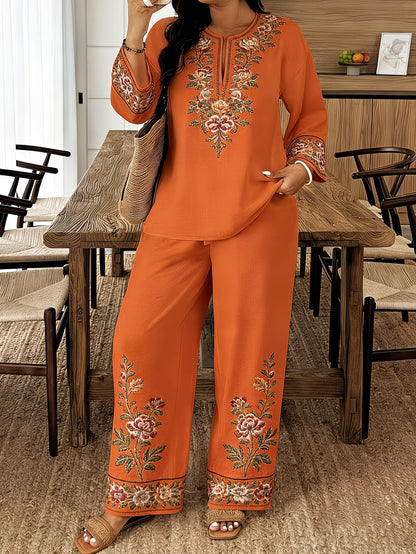 Boho Artisanal Embroidered Linen V-Neck Tunic Top & Wide Leg Pants