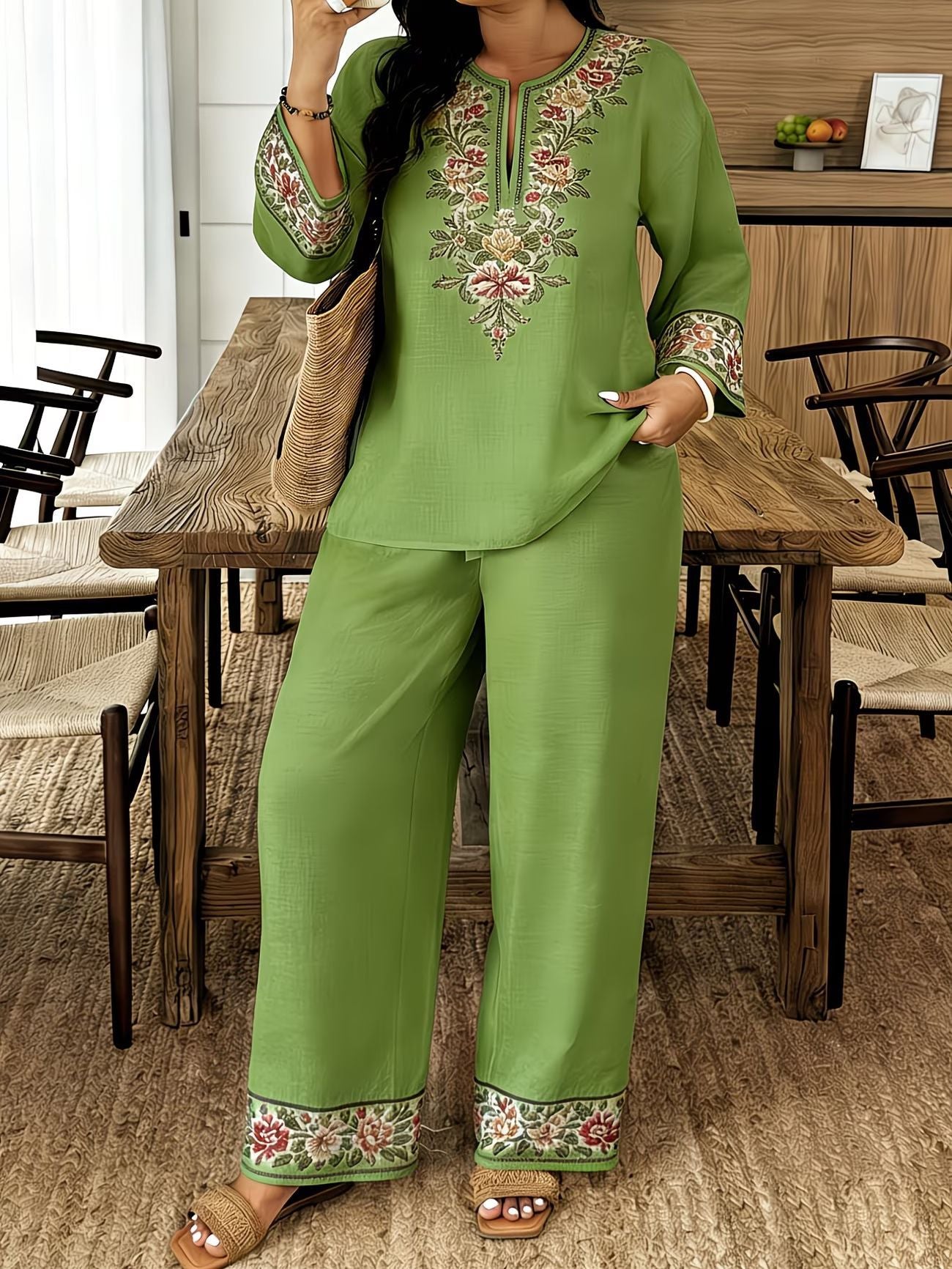 Boho Artisanal Embroidered Linen V-Neck Tunic Top & Wide Leg Pants