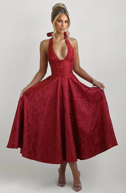 Floral Jacquard Halter Maxi Dress – Lace-Up Wedding Guest Dress