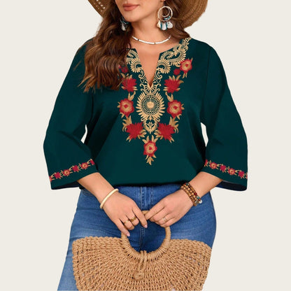 Elegant Plus Size Floral Print V-Neck Tunic Top
