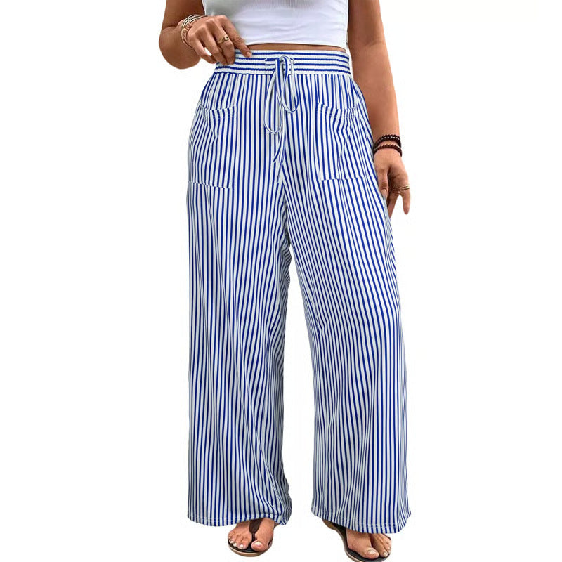 Women's Plus Size Vertical Striped High Waist Drawstring Wide Leg Pants