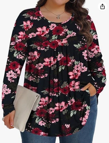 Plus Size Cotton Floral Long Sleeve Pleated Tunic Top