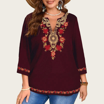 Elegant Plus Size Floral Print V-Neck Tunic Top