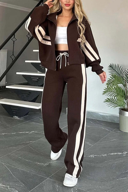 Women's Contrast Stripe Zip Up Jacket & Wide Leg Pants Set