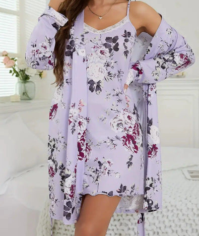 Floral Print Lace Trim Cami Slip Dress & Long Sleeve Robe Set