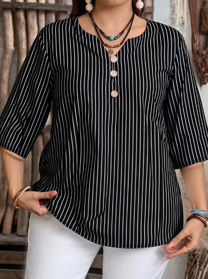 ✨ Plus Size Geometric Color-Block Buttoned V-Neck Blouse