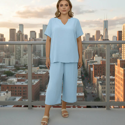 ☀️Plus Size Women V-Neck Wide-Leg Summer Set