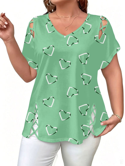 Women's Plus Size Heart Print V-Neck Top