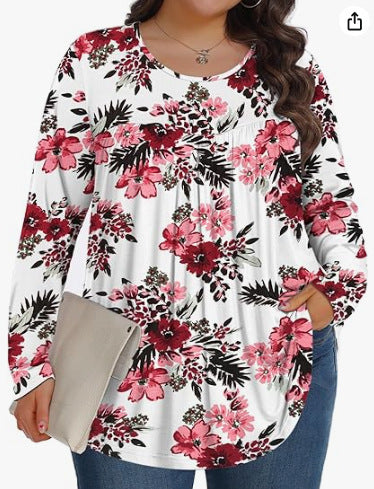 Plus Size Cotton Floral Long Sleeve Pleated Tunic Top