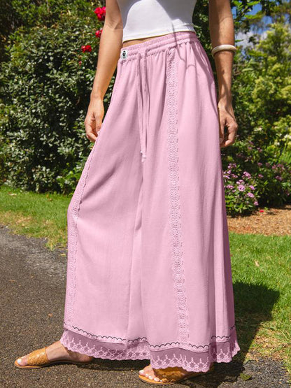 🌴 Boho Flowy Linen Wide Leg Beach Pants with Lace & Pockets